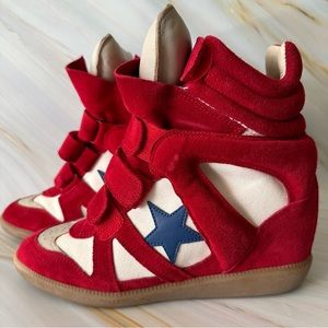 Isabel Marant Red Suede Americana Over Basket Wedge Sneaker | 39 fits like 8/8.5